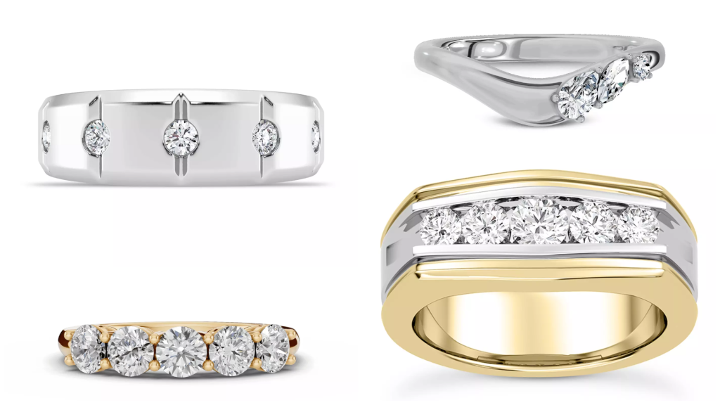 composite image of bestsellers from one of the best places to buy lab diamond wedding bands, displayed on a white background