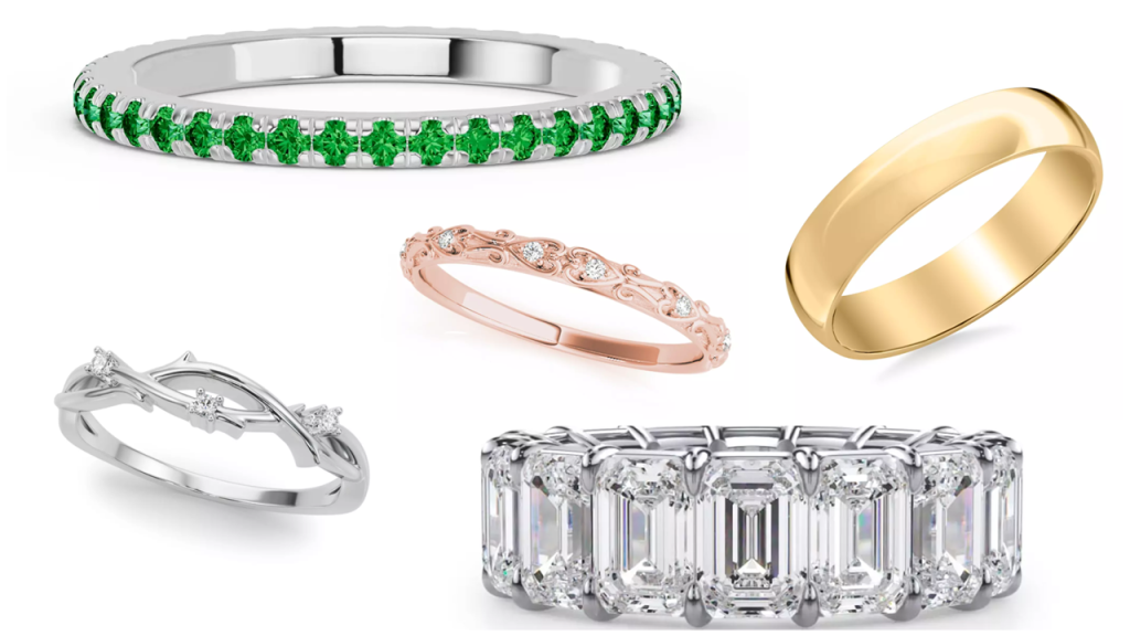composite image of wedding bands and ring styles from one of the best places to buy wedding bands, displayed on a white background