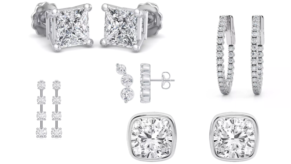 compiste image of bestselling white gold diamond earring designs from one of the best places to buy diamond earrings, displayed on a white background