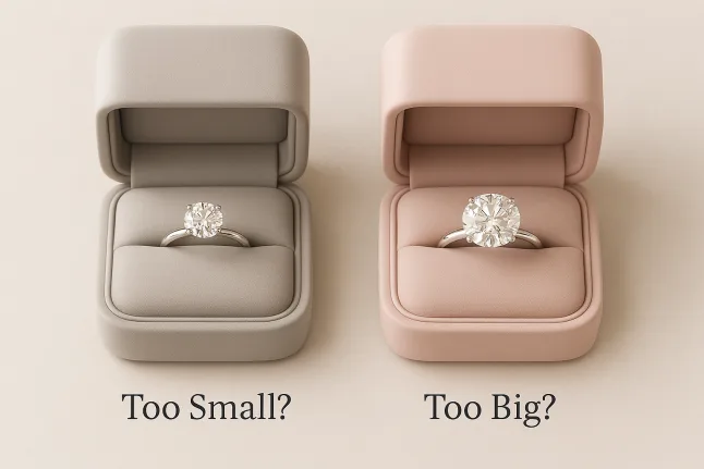Two diamond rings of different sizes in its own ring box from one of the best places to buy large lab diamonds with the texts Too Small? and Too Big?