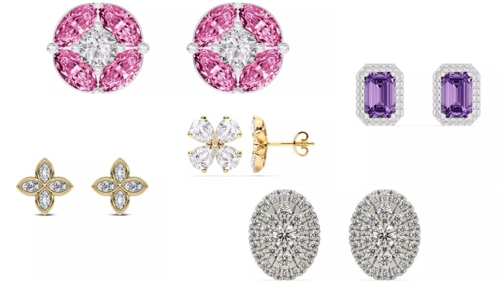 Composite image of best-selling stud designs from one of the best places to buy lab diamond stud earrings, displayed on a white background