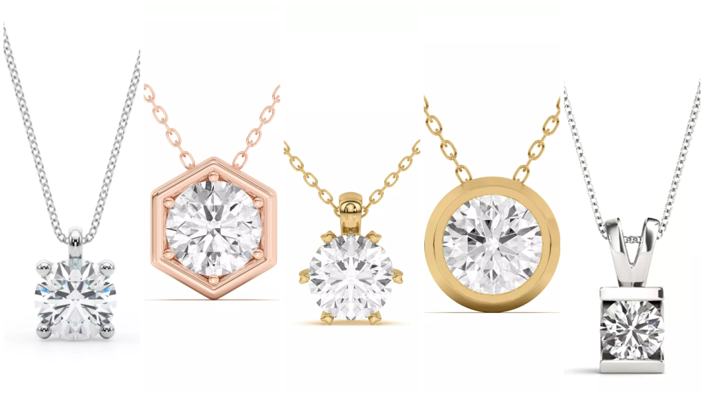composite image of different solitaire styles from one of the best places to buy diamond solitaire necklaces, displayed on a white background