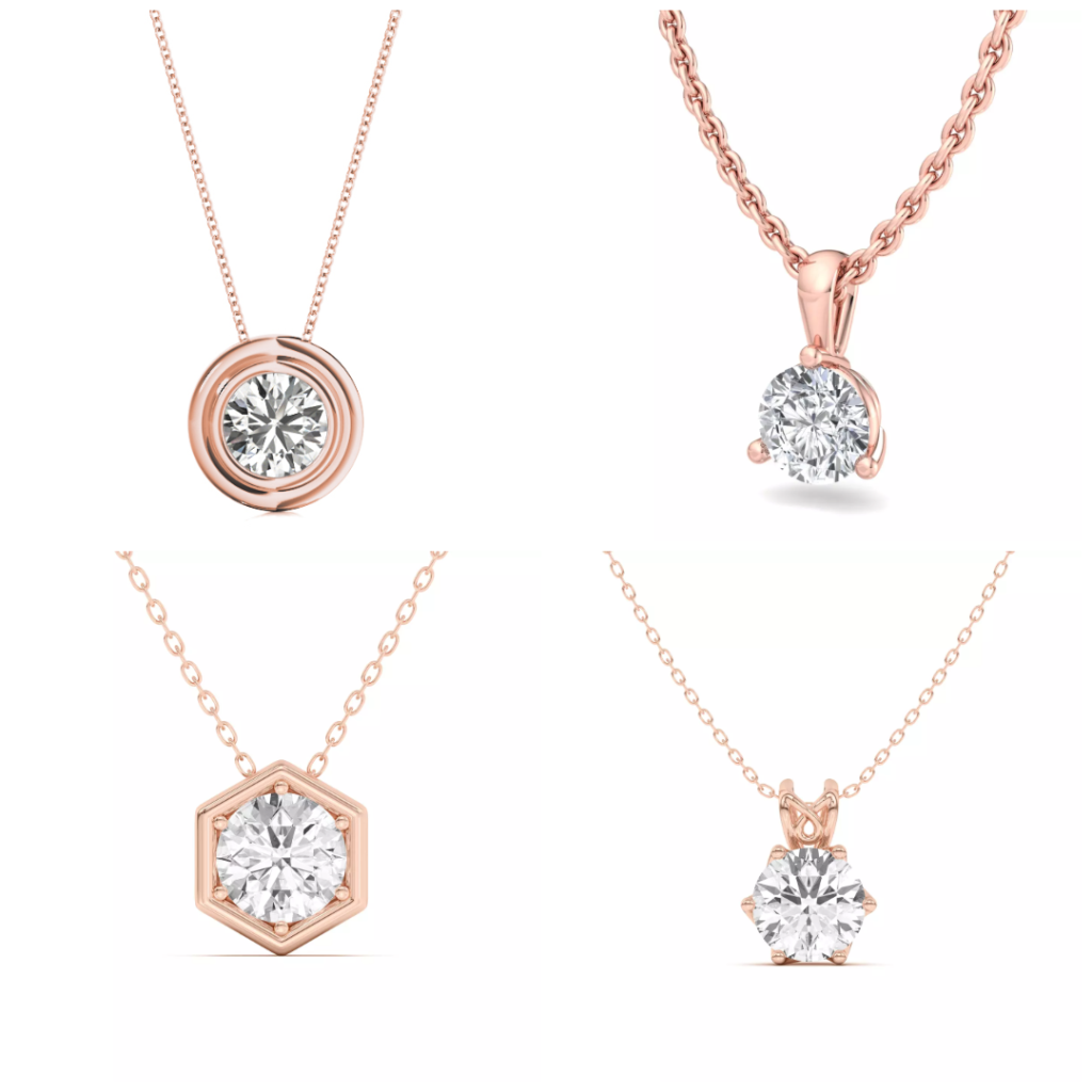 composite image of best-selling solitaire necklaces styles in rose gold settings from one of the best places to buy lab diamond solitaire necklaces