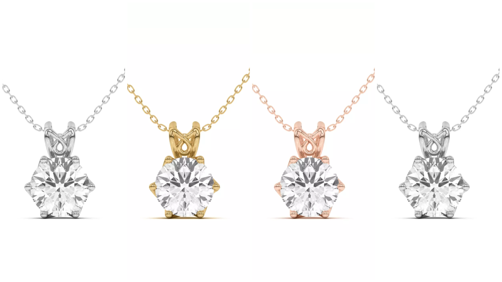 composite image of the same solitaire style in different metal settings from one of the best places to buy diamond solitaire necklaces, displayed on a white background