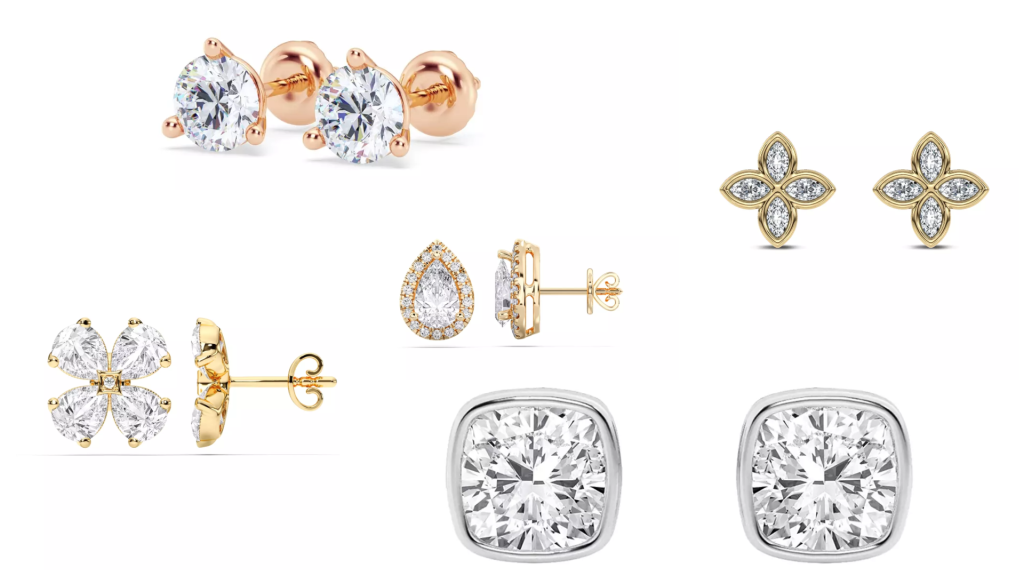 Composite image of best-selling stud designs in different metal settings from one of the best places to buy lab diamond stud earrings