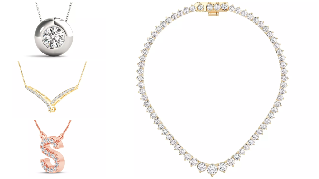 composite image of popular diamond necklace styles from one of the best places to buy diamond necklaces, displayed on a white background