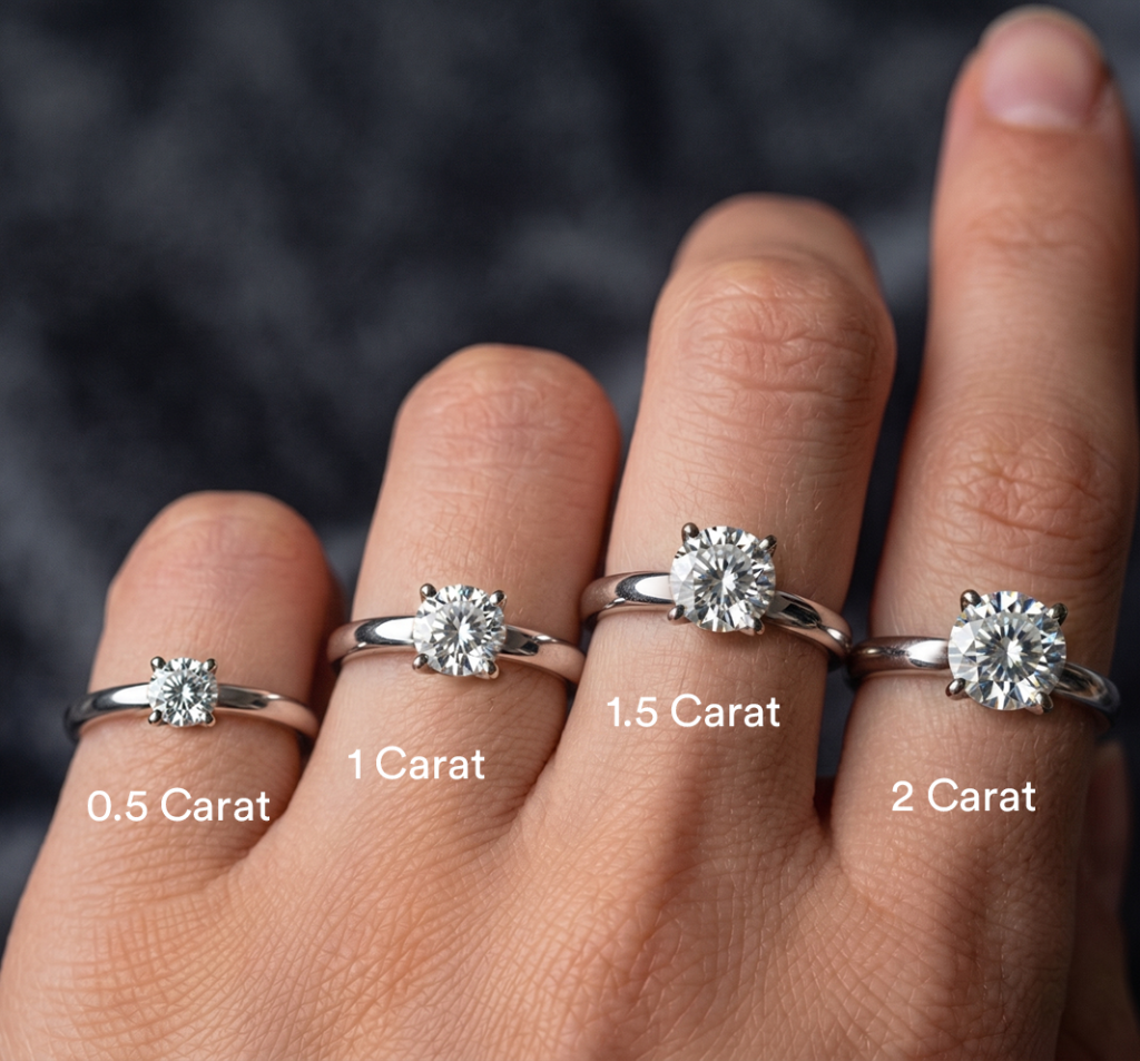 close-up of a woman's hand with 4 diamond rings showing the different sizes to distinguish 2 carat's visual size from one of the best places to buy large diamonds (2 Carat+)