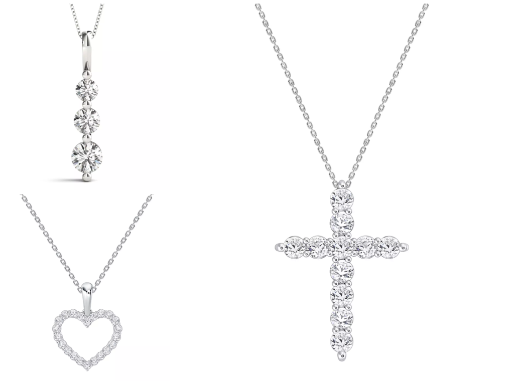 Composite image of pendant styles in white gold settings from one of the best places to buy lab diamond pendants, displayed on a white background