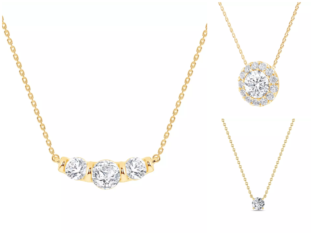 composite image of pendants in yellow gold settings from one of the best places to buy lab diamond pendants, displayed on a white background 