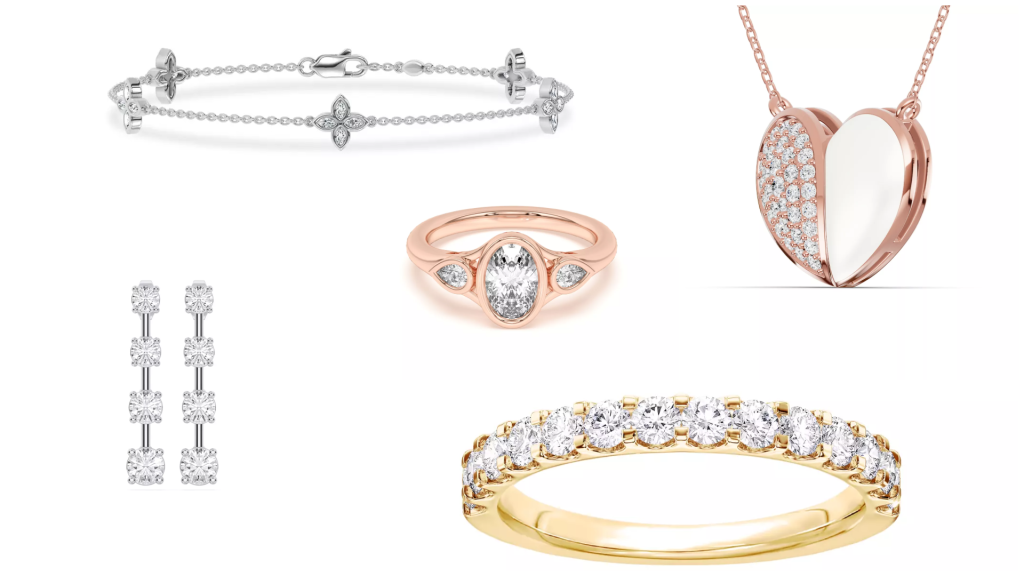 composite image of bestsellers from one of the best places to buy lab-grown diamond jewelry, displayed on a white background