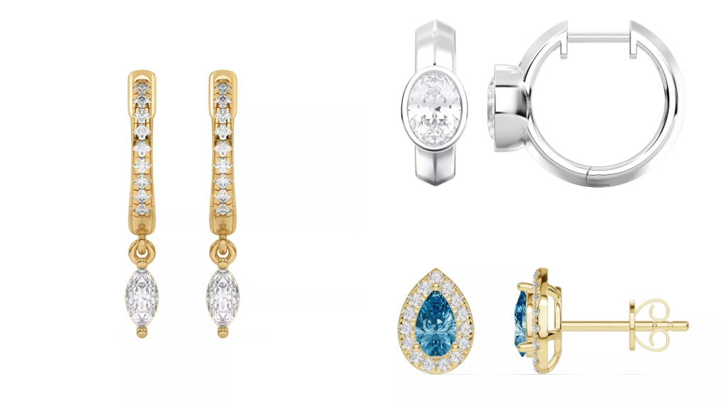 Composite image of best-selling lab earring styles from one of the best places to buy lab-grown diamond earrings, displayed on a white background