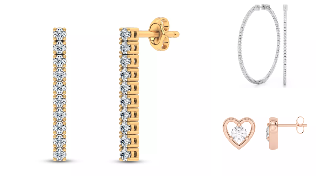 Composite image of bestselling earring styles from one of the best places to buy lab-grown diamond earrings, displayed on a while background