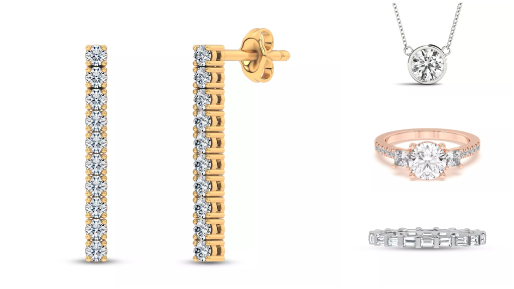 composite image of bestsellers from one of the best places to buy lab-grown diamond jewelry, displayed on a white background
