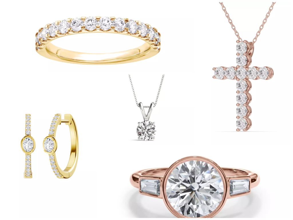 Composite image of best-selling jewelry pieces from one of the best places to buy diamond jewelry, displayed on a white background